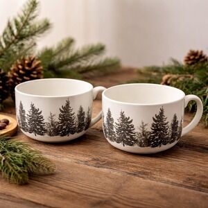 Tag Stoneware Soup Mug Evergreen Trees Rustic Cabin Oversized Coffee Cup